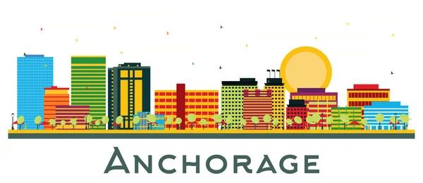 Анкоридж Skyline Аляска Сити Цветными Зданиями Изолированными Белом Векторная Иллюстрация — стоковый вектор
