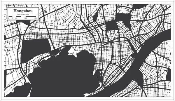 杭州中国都市地図レトロスタイルで黒と白の色で 概要図 ベクターイラスト — ストックベクタ