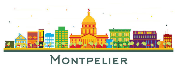 Montpelier Vermont City Skyline with Color Buildings Isolated on White. Vector Illustration. Business Travel and Tourism Concept with Historic Architecture. Montpelier USA Cityscape with Landmarks.