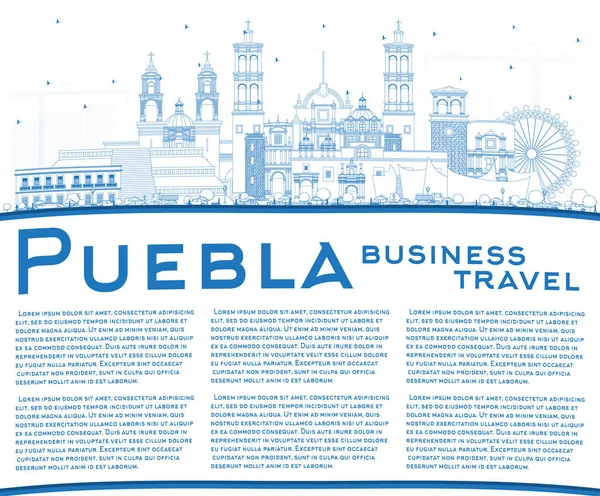 Bosquejo Puebla Ciudad México Skyline Con Edificios Azules Espacio Para — Vector de stock