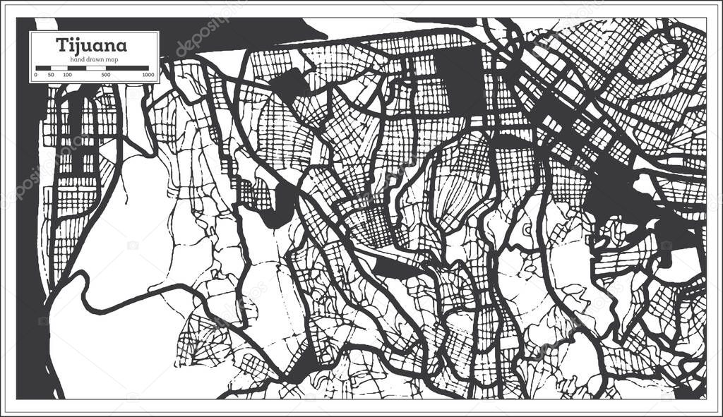 Tijuana Mexico City Map in Black and White Color in Retro Style. Outline Map. Vector Illustration.