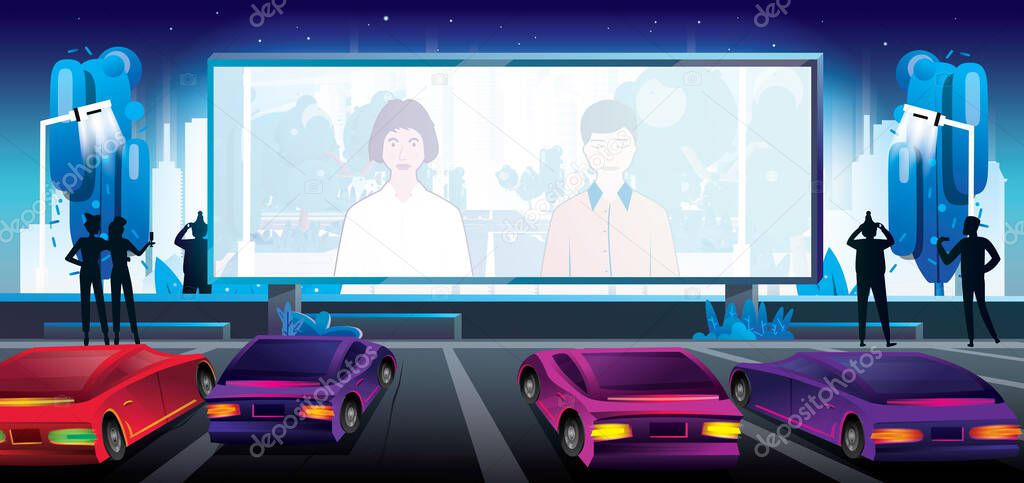 Car Cinema. Outdoor Cinema in City. Vector Illustration. Large Bright Screen with Movie Scene. Parked Cars.