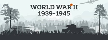 II. Dünya Savaşı 1939-1945. Vektör İllüstrasyonu. Ormandaki Tanklarla Askeri Konsept. Savaş meydanı. Savaş Tiyatrosu.