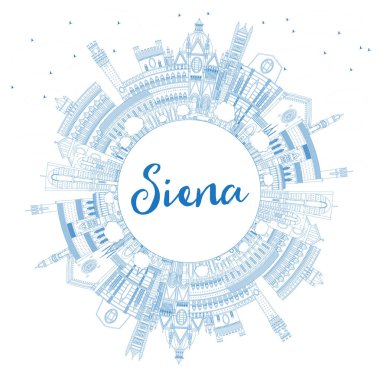 Blue Buildings ve Copy Space ile Siena Tuscany İtalya City Skyline 'ın ana hatları. Vektör İllüstrasyonu. Tarihi Mimariyle İş Seyahati ve Kavram. Simgeli Siena Şehir Manzarası.