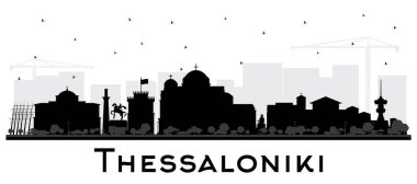 Selanik Yunanistan Şehri Skyline Silhouette ve Beyaz Binalar İzole Edildi. Vektör İllüstrasyonu. Tarihi ve Modern Mimariyle Seyahat ve Turizm Konsepti. Tarihi Simgelerle Selanik Şehri.