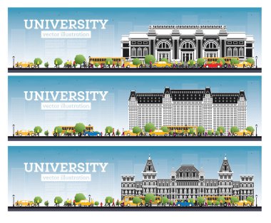Üniversite kampüsü seti. Pankart okuyun. Vektör İllüstrasyonu. Öğrenciler üniversitenin ana binasına gider. Mavi Gökyüzü ve Yeşil Ağaç ile Skyline. Boşluğu Kopyala.