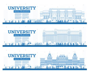 Taslak Üniversite Kampüsü Seti. Pankart okuyun. Vektör İllüstrasyonu. Öğrenciler üniversitenin ana binasına gider. Mavi Gökyüzü ve Yeşil Ağaç ile Skyline. Boşluğu Kopyala.