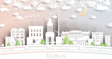 Dublin İrlanda Gökyüzü Kağıt Kesiği Tarzı ile Kar Taneleri, Ay ve Neon Garland. Vektör İllüstrasyonu. Noel ve Yeni Yıl Kavramı. Noel Baba Kızakta.