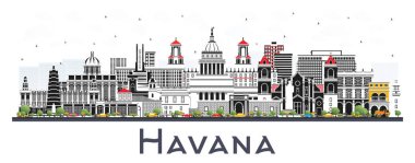 Havana Küba Şehri Skyline 'ı ve Beyaz Renkli Binalar. Vektör İllüstrasyonu. Tarihi ve Modern Mimariyle İş Seyahat ve Turizm Konsepti. Tarihi Simgelerle Havana Şehir Manzarası.