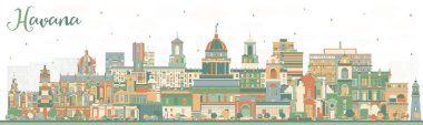 Havana Cuba City Skyline ve Renkli Binalar. Vektör İllüstrasyonu. Tarihi ve Modern Mimariyle İş Seyahat ve Turizm Konsepti. Tarihi Simgelerle Havana Şehir Manzarası.