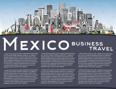 Gri Binaları, Mavi Gökyüzü ve Kopya Uzayı olan Mexico City Skyline. Vektör İllüstrasyonu. Tarih Mimarisi kavramı. Meksiko Şehri 'nin simgeleri. Puebla. Meksika mı? Tijuana. Guadalajara.