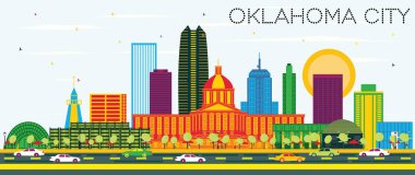 Renkli Binalar ve Mavi Gökyüzü ile Oklahoma City Skyline. Vektör İllüstrasyonu. Modern Mimariyle İş Seyahatleri ve Turizm Konsepti. Oklahoma City Şehir Manzarası.