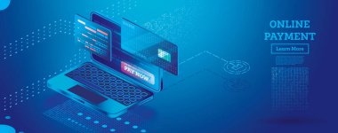 Not Defteri ile Çevrimiçi Ödeme Isometric Illustration Concept. İnternetten alışveriş. Vektör İllüstrasyonu. İnternet bankacılığı. Web Sayfa Tasarımının Modern Tasarımı. Çevrimiçi Güvenlik Aktarımı.