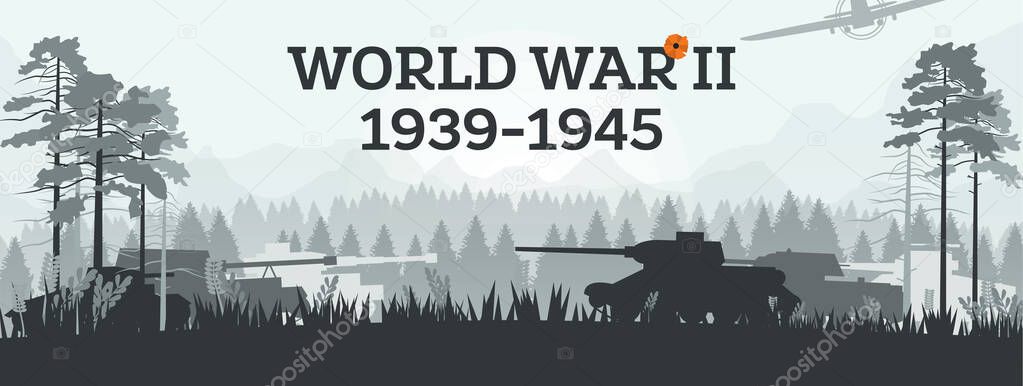 World War II 1939-1945. Vector Illustration. Military Concept with Tanks in Forest. Battleground. Theater of War.
