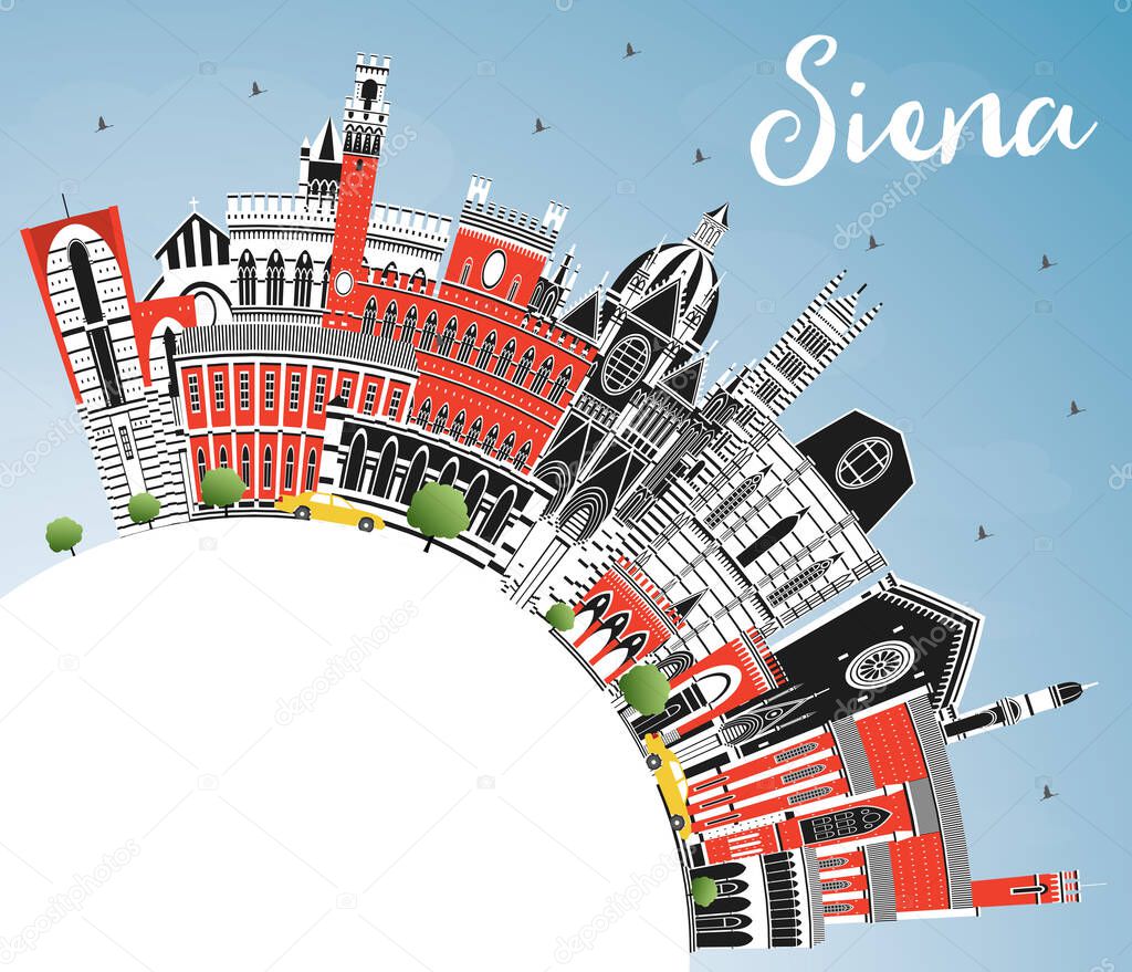 Siena Tuscany Italy City Skyline with Color Buildings, Blue Sky and Copy Space. Vector Illustration. Business Travel and Concept with Historic Architecture. Siena Cityscape with Landmarks.