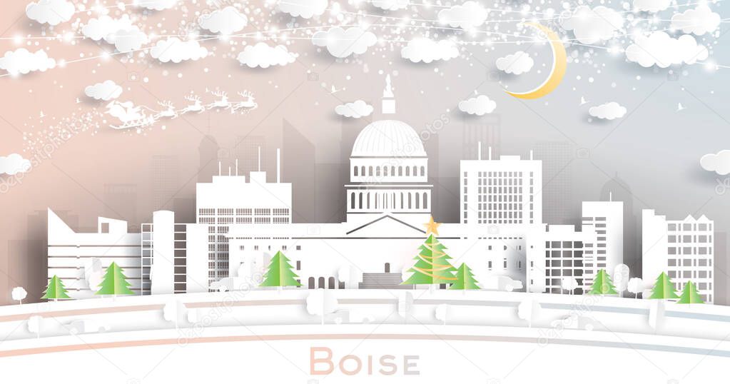 Boise Idaho USA City Skyline in Paper Cut Style with Snowflakes, Moon and Neon Garland. Vector Illustration. Christmas and New Year Concept. Santa Claus on Sleigh.