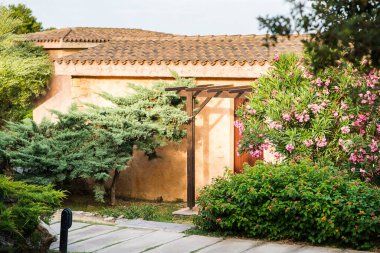 House 'un Arka Bahçesiyle Samimi Sahne. Bahçede Sokak Işıkları olan Somut Yol. Çalılıkları olan binalar. Pembe Oleander 'in Çalısı.