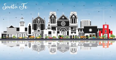 Santa Fe New Mexico City Renkli Binalar, Mavi Gök ve Yansımalar ile Skyline. Vektör İllüstrasyonu. Santa Fe ABD Şehri 'nin simgeleriyle. Modern Mimariyle Seyahat ve Turizm Konsepti.