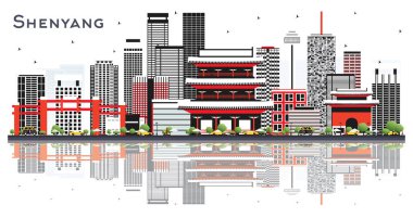 Shenyang China şehrinin silueti. Gri binalar ve beyaza izole edilmiş yansımalar. Vektör İllüstrasyonu. Modern ve Tarihi Mimariyle İş Seyahatleri ve Turizm Konsepti. Shenyang Şehri.