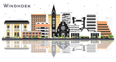 Windhoek Namibia City Skyline Renkli Binalar ve Beyaz Yansımalar ile izole edilmiş. Vektör İllüstrasyonu. Modern ve Tarihi Mimariyle İş Seyahatleri ve Turizm Konsepti. Windhoek Şehri.