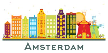 Amsterdam Holland City Skyline, Renkli Binalar Beyaz 'da izole edilmiş. Vektör İllüstrasyonu. Tarihi Mimariyle İş Seyahati ve Turizm Konsepti. Amsterdam Hollanda Şehir Manzarası.