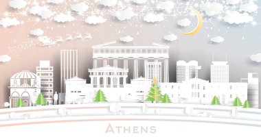 Atina City, Kar Taneleri, Ay ve Neon Garland ile Kağıt Kesiği Tarzı Altında Gökyüzü. Vektör İllüstrasyonu. Noel ve Yeni Yıl Kavramı. Noel Baba Kızakta.