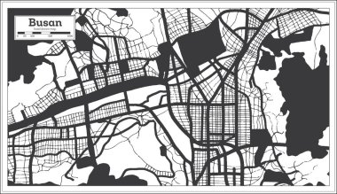 Busan Güney Kore Şehir Haritası Retro Style ile Siyah ve Beyaz Renkli. Taslak Harita. Vektör İllüstrasyonu.