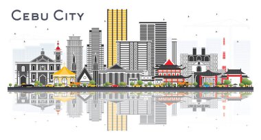 Cebu City Filipinleri, gri binalar ve beyaza izole edilmiş yansımalarla gökyüzü. Vektör İllüstrasyonu. Modern Mimariyle İş Seyahati ve Turizm İllüstrasyonu.