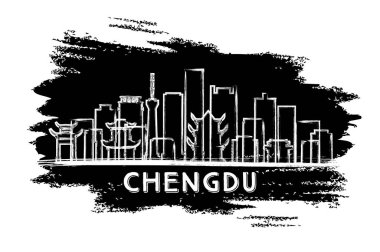 Chengdu Çin Şehri Skyline Silhouette. El çizimi çizimi. Tarihi Mimariyle İş Seyahati ve Turizm Konsepti. Vektör İllüstrasyonu. Tarihi Simgeli Chengdu Şehri.