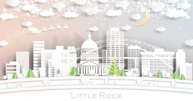 Little Rock Arkansas USA City Skyline with Paper Cut Style with Snowflakes, Moon and Neon Garland. Vektör İllüstrasyonu. Noel ve Yeni Yıl Kavramı. Noel Baba Kızakta.
