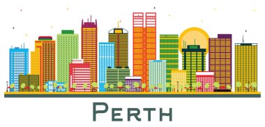 Perth Australia City Skyline ile Renkli Binalar beyaza izole edildi. Vektör İllüstrasyonu. Modern Mimariyle İş Seyahatleri ve Turizm Konsepti. Tarihi Simgeli Perth Şehir Manzarası.