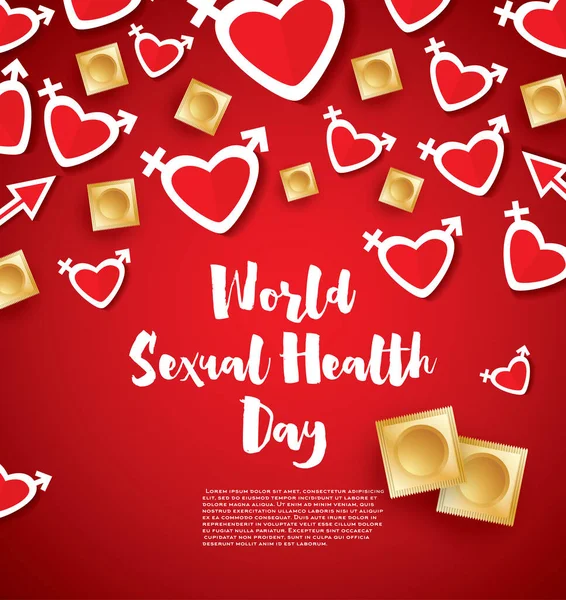 Welttag Der Sexuellen Gesundheit Vektorillustration Herzen Und Kondome Auf Rotem — Stockvektor
