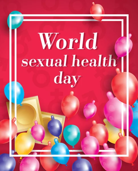 Welttag Der Sexuellen Gesundheit Karte Mit Fliegenden Luftballons Kondomen Und — Stockvektor