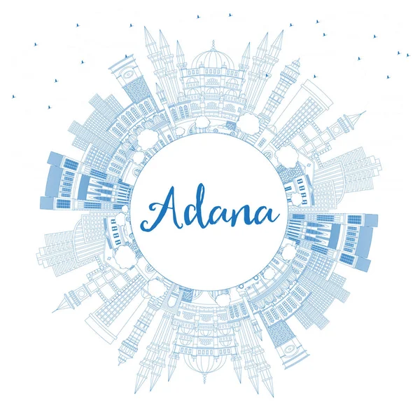 概要青い建物とコピースペースを持つアダナトルコシティスカイライン ベクトルイラスト 歴史的建造物とのビジネス旅行と概念 ランドマークとアダナの街の風景 — ストックベクタ