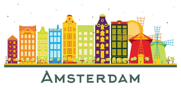 Amsterdam Holland City Skyline Com Edifícios Coloridos Isolados Branco Ilustração — Vetor de Stock