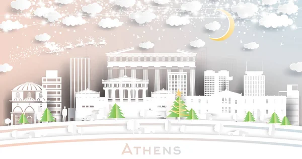 Atenas Grecia City Skyline Estilo Corte Papel Con Copos Nieve — Vector de stock
