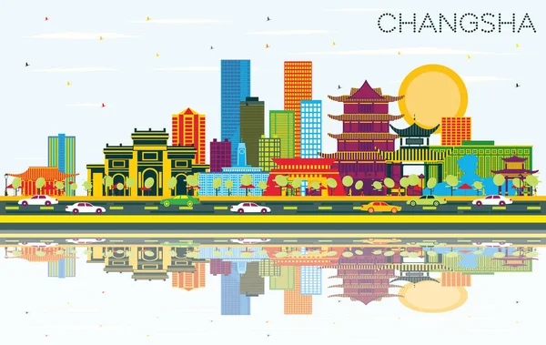 Changsha China City Skyline Con Edificios Color Cielo Azul Reflexiones — Vector de stock