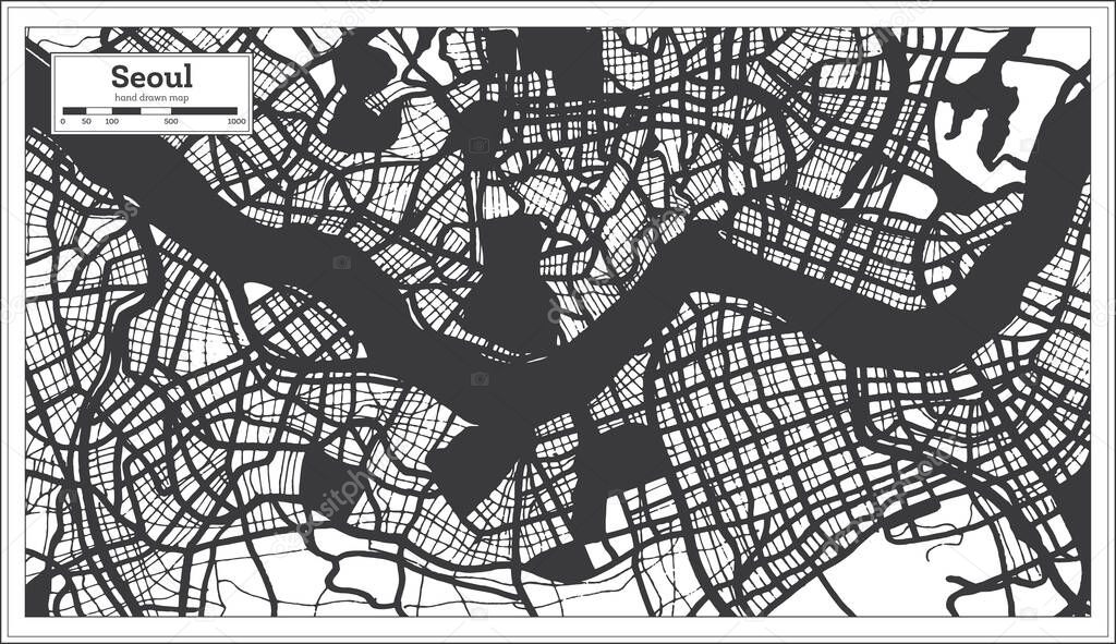Seoul South Korea City Map in Black and White Color in Retro Style. Outline Map. Vector Illustration.
