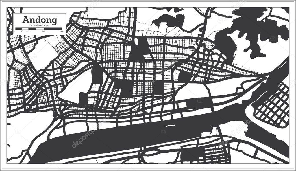 Andong South Korea City Map in Black and White Color in Retro Style. Outline Map. Vector Illustration.