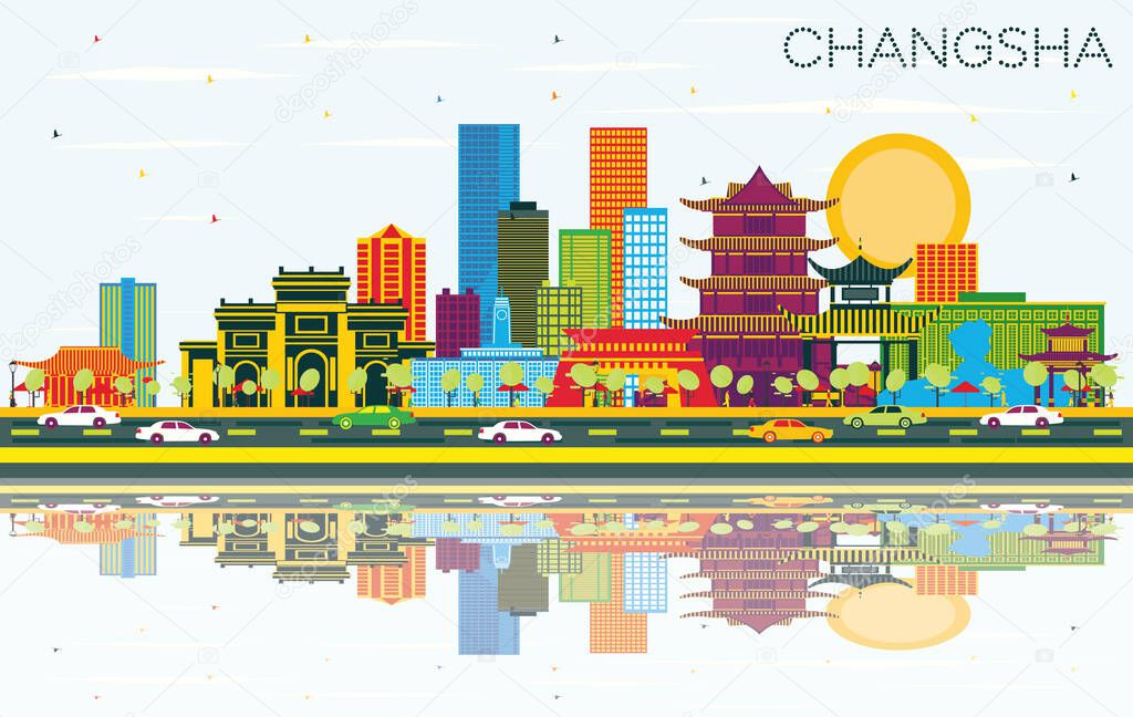 Changsha China City Skyline with Color Buildings, Blue Sky and Reflections. Vector Illustration. Business Travel and Tourism Concept with Modern Architecture. Changsha Cityscape with Landmarks.