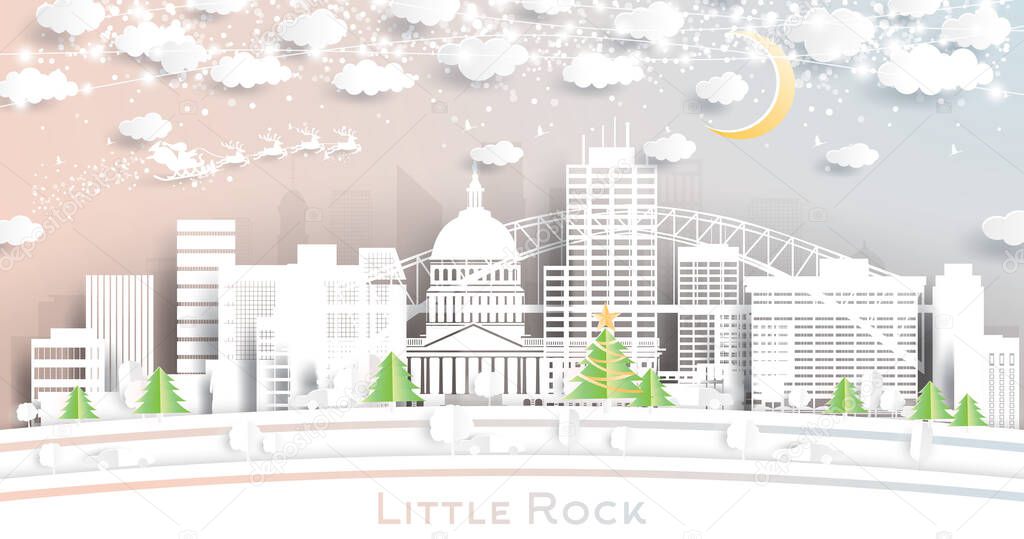 Little Rock Arkansas USA City Skyline in Paper Cut Style with Snowflakes, Moon and Neon Garland. Vector Illustration. Christmas and New Year Concept. Santa Claus on Sleigh.