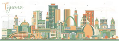 Renkli binaları olan Tijuana Mexico City Skyline. Vektör İllüstrasyonu. Tarihi ve Modern Mimariyle Turizm Konsepti. Tarihi Simgeli Tijuana Şehir Manzarası.