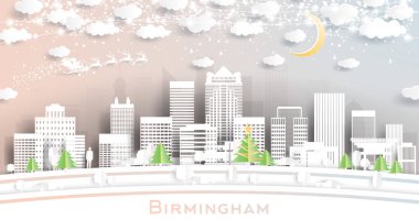 Birmingham Alabama ABD 'nin Skyline' ı Kartaneleri, Ay ve Neon Garland ile birlikte. Vektör İllüstrasyonu. Noel ve Yeni Yıl Kavramı. Noel Baba Kızakta.