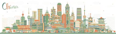 Renkli binaları olan China City Skyline. Çin 'in ünlü simgeleri. Vektör İllüstrasyonu. Modern Mimariyle İş Seyahatleri ve Turizm Konsepti. Tarihi yerleri olan Çin Şehir Manzarası.