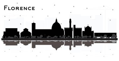 Florence City Skyline Silhouette ve Siyah Binalar ve Beyaz Yansımalar. Vektör İllüstrasyonu. Modern Mimariyle Seyahat ve Turizm Konsepti. Tarihi Simgelerle Floransa Şehri.