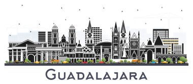 Guadalajara Mexico City Skyline 'ı ve beyaza izole edilmiş Renk Binaları. Vektör İllüstrasyonu. Tarihi ve Modern Mimariyle Turizm Konsepti. Tarihi İşaretli Guadalajara Şehir Manzarası.