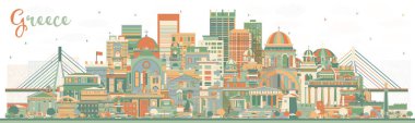 Renkli binalarla birlikte Yunanistan City Skyline 'a hoş geldiniz. Vektör İllüstrasyonu. Tarih Mimarisi kavramı. Tarihi Simgelerle Yunanistan Şehri. Atina. Selanik. Patras. Heraklion.
