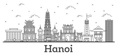 Hanoi Vietnam Şehri Skyline 'ının ana hatlarıyla Modern ve Tarihi Binalar beyaza izole edildi. Vektör çizimi. Tarihi Simgeli Hanoi Şehir Manzarası.