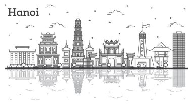 Hanoi Vietnam Şehri Skyline 'ı modern binalar ve beyaza izole edilmiş yansımalarla özetleyin. Vektör çizimi. Tarihi Simgeli Hanoi Şehir Manzarası.