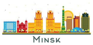 Beyaz üzerine izole edilmiş Renkli Binalar ile Minsk Belarus City Skyline. Vektör İllüstrasyonu. İş Seyahat ve Turizm Konsepti. Simgeli Minsk Şehir Manzarası.